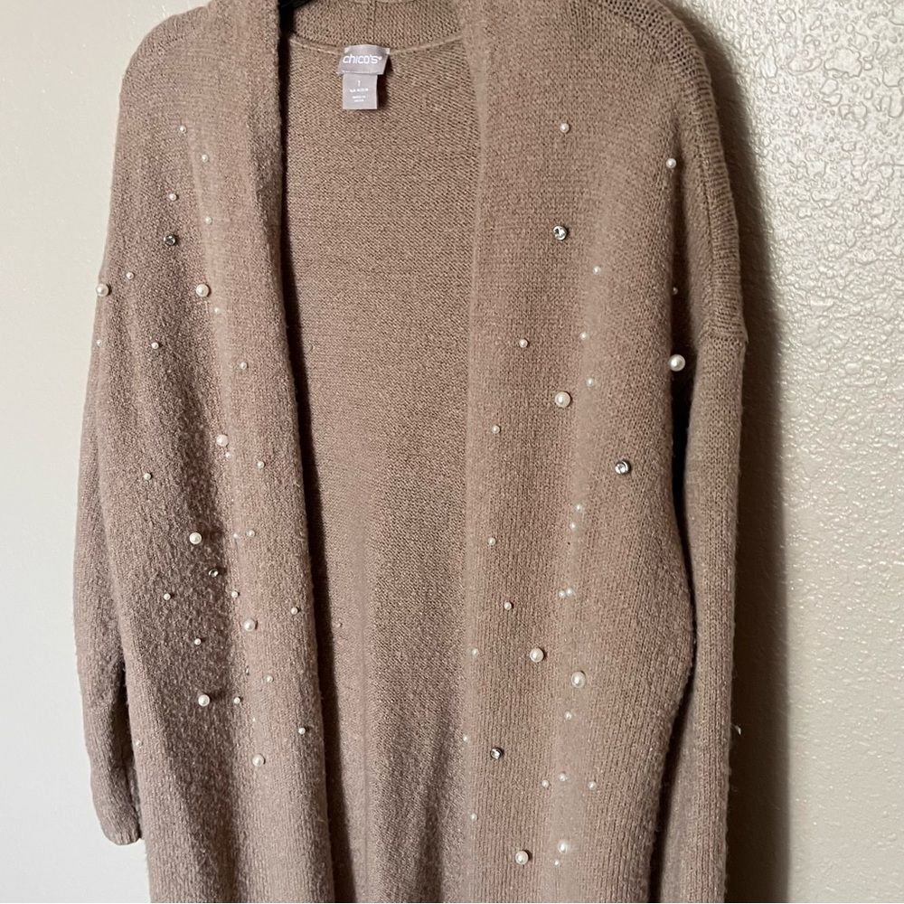 Chico's Wool-Blend Pearl/Rhinestone Embellished Tan Cardigan Duster Size 1 MED - Picture 5 of 9